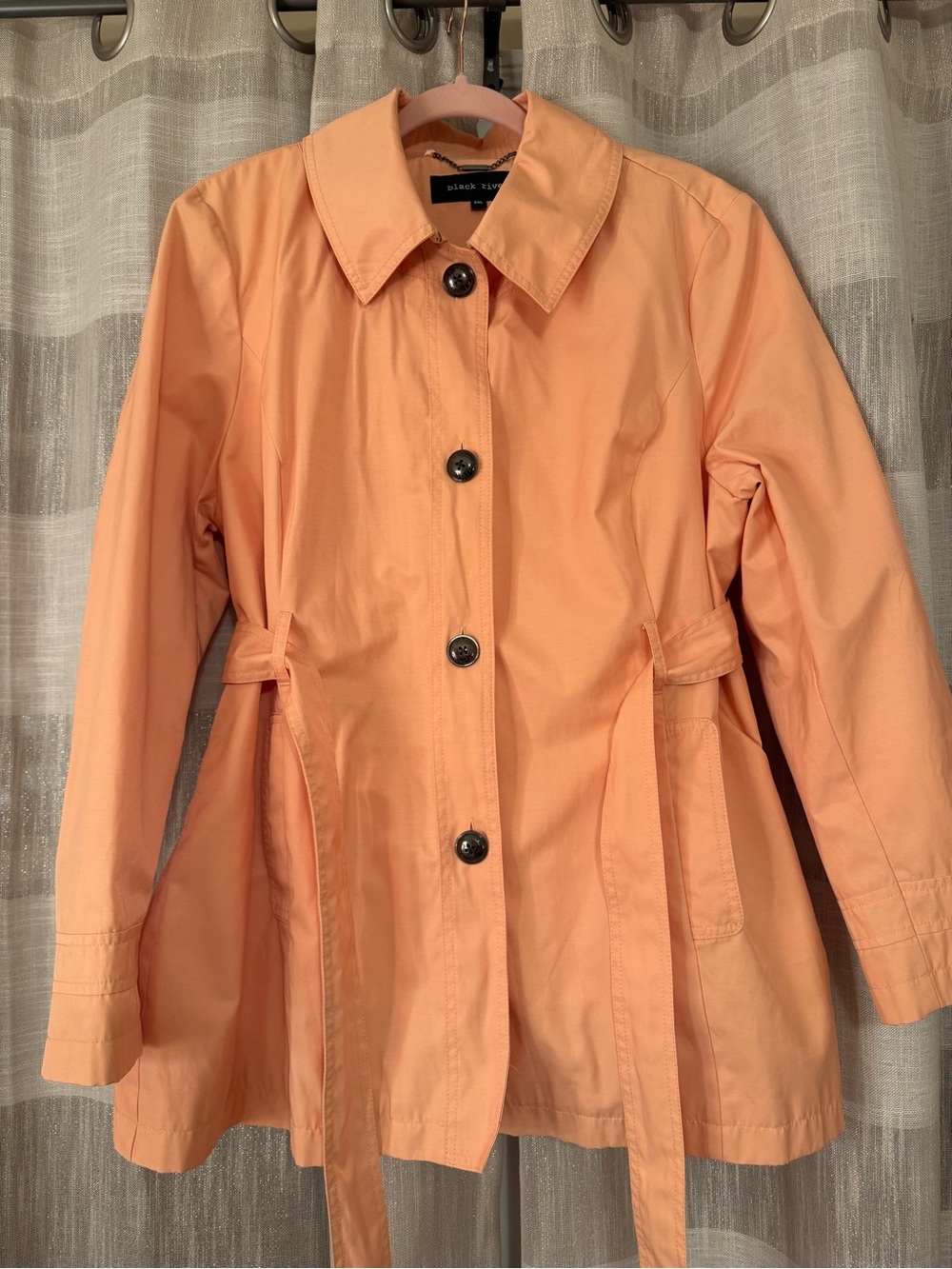 Black Rivet Peach Single-Breasted Waist-Tie Trench Coat